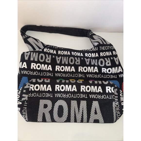 Robin Ruth City Bag Roma Rome Canvas Hobo Tote Bag Black Rainbow 16”x11”x9” - Picture 4 of 8